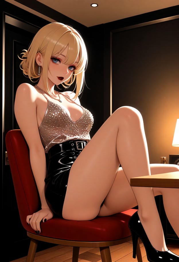 she is sitting on a chair and extending her leg forward,white silk blouse,black mini skirt,basement game room,colorfu…