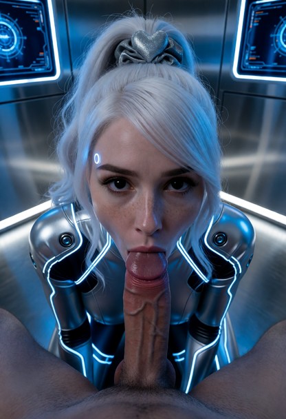 Location: a dimly lit, sterile laboratory room with sleek metallic surfaces, glowing blue interface panels, and soft …