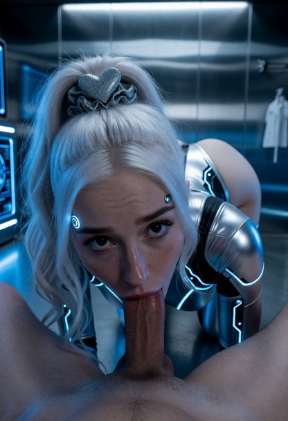 Location: a dimly lit, sterile laboratory room with sleek metallic surfaces, glowing blue interface panels, and soft …
