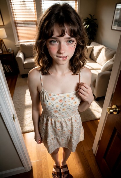 Location: a cozy living room in the afternoon, with soft sunlight filtering through the window blinds and casting gen…