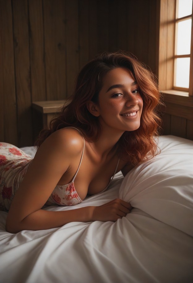 lying on bed,arching back,moaning,eyes closed,gripping shoulders,floral print dress,messy sheets,bedroom,wooden cabin…