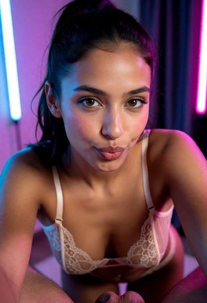 Woman leans into a first-person close-up, looks directly at the viewer, and purses her lips just before a kiss., Woma…