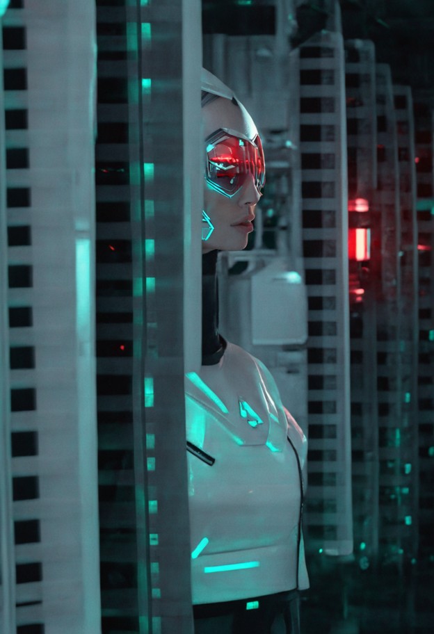 (hyper-realistic white server rack:4.5),(central glowing red robotic eye:1.4),sleek minimalist sci-fi design,(pristin…