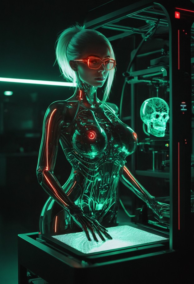 (a futuristic 3d bio-printer:1.8) in a sterile,dark spaceship laboratory,(a translucent female human silhouette being…