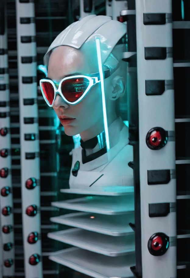 (hyper-realistic white server rack:4.5),(central glowing red robotic eye:1.4),sleek minimalist sci-fi design,(pristin…