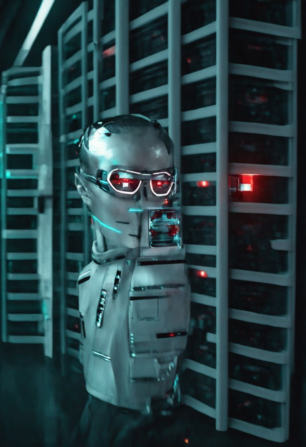 (hyper-realistic white server rack:4.5),(central glowing red robotic eye:1.4),sleek minimalist sci-fi design,(pristin…