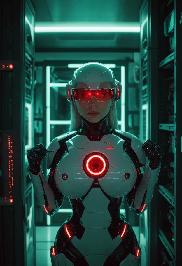 (hyper-realistic white server rack:1.5),(central glowing red robotic eye:1.4),sleek minimalist sci-fi design,(pristin…