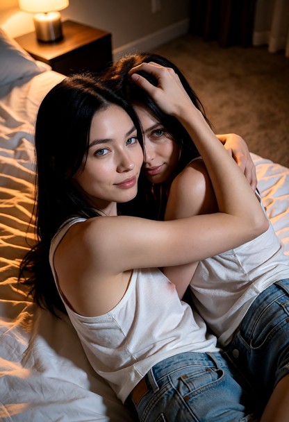 Location: dim bedroom at night with soft amber light from a bedside lamp casting warm glows over the rumpled white sh…