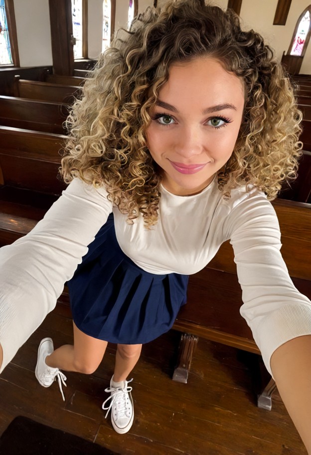 bethany is smiling,white cotton blouse,navy blue wool skirt,white canvas sneakers,interior of a silent dimly lit chur…