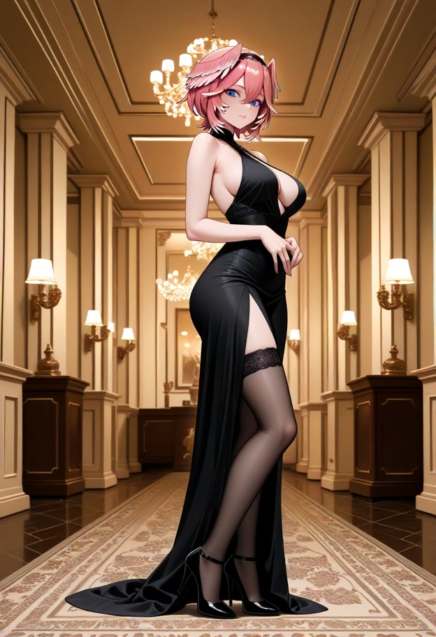 a she is is standing in a ballroom,evening dress,slit dress,stockings,stiletto heels,ballroom,elegant interior,full b…