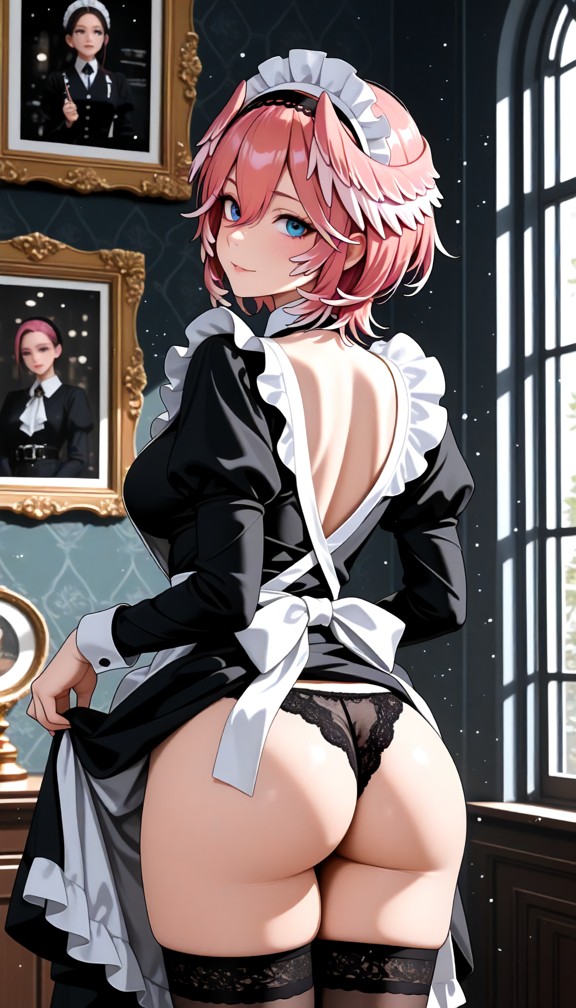 1girl,underwear,panties,ass,breasts,maid,thighhighs,black_panties,solo,maid_headdress,enmaided,indoors,clothes_lift,p…