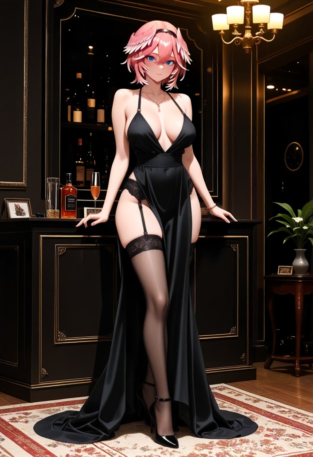 she is wearing an evening dress with a slit,evening dress,garter belt,stockings,stiletto heels,luxury ballroom,full b…
