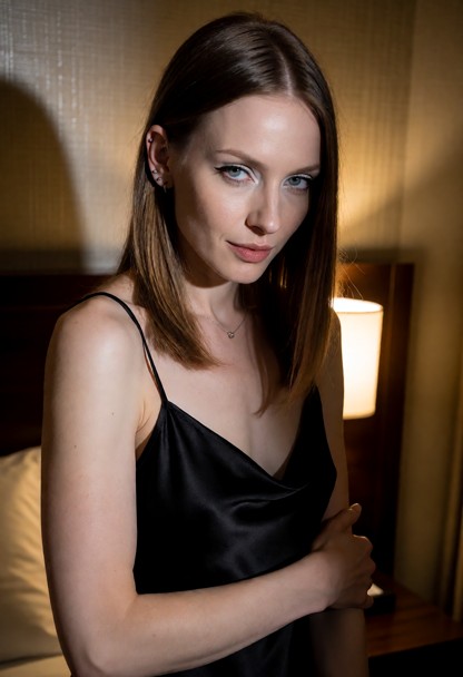 Location: midnight in a dimly lit hotel room with soft amber light from a bedside lamp casting long shadows across th…