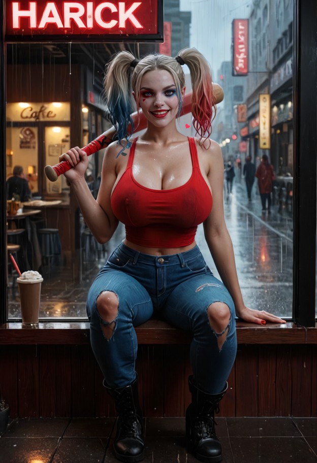 she is sitting on a window ledge holding a baseball bat,red tank top,blue ripped jeans,black boots,small cafe in chin…