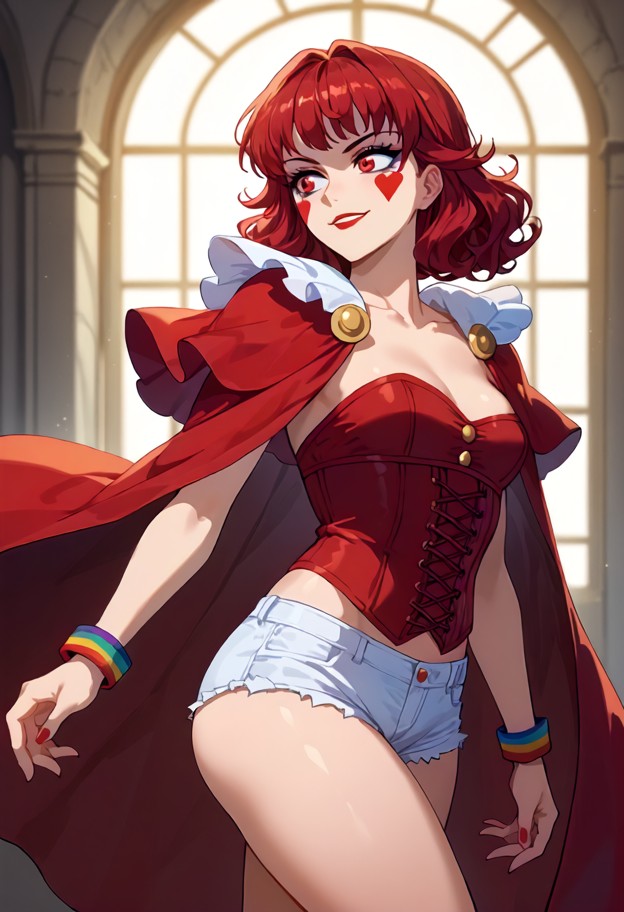 1girl standing,scarlet sequined corset,matching short shorts,ruby red silk cape,ankle hoops,dimly lit bedroom,frontal…