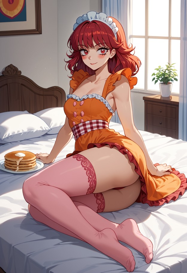 twirling sexy she is,luxurious bedroom,sunset orange ruffle dress,bow in hair,ruffled pink stockings,white slippers,k…