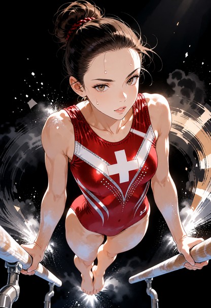 a masterpiece of explosive digital art in a dark, atmospheric artea style. a powerful swiss female gymnast is capture…