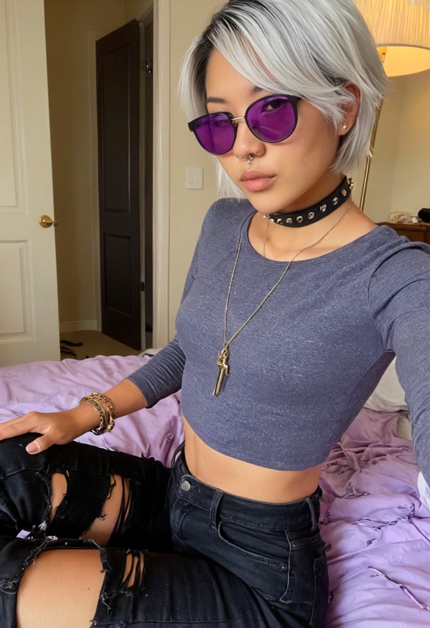 1girl sitting on messy bed,white and purple blankets,black combat boots,tight black ripped jeans,gray band shirt,roll…