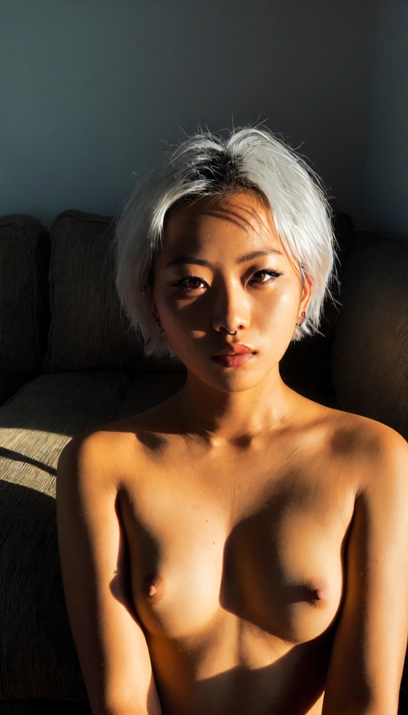 nao rmxv1.2.1 is collapsed on a worn fabric couch,naked,boobs,dimly lit living room,worn fabric couch,heavy shadows,h…