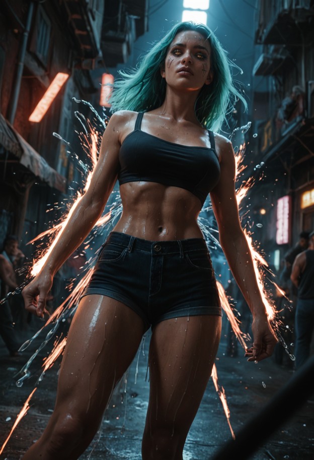 action-packed
 wide shot,narrow cyberpunk alleyway,crowded night market with 
steaming food stalls and neon kanji sig…