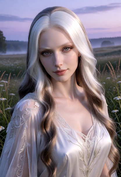 Location: a serene, mystical meadow at twilight, where the soft lavender light of the fading sun casts long, gentle s…