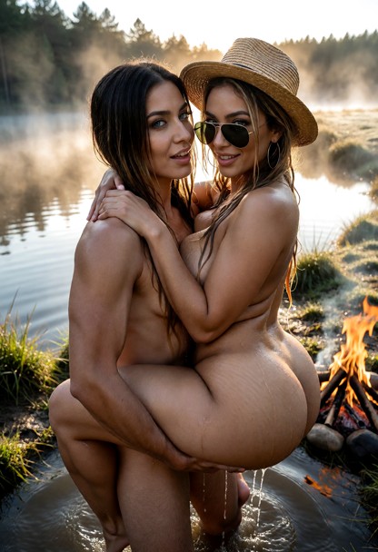 Location: outside near a misty pond during a crisp morning, with soft golden sunlight struggling to pierce through th…