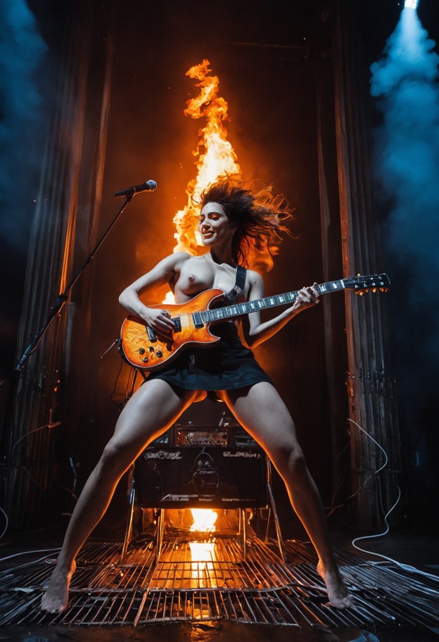 composition: extreme vertical wide-angle shot,full-body view of the guitarist. she is positioned in the lower two-thi…
