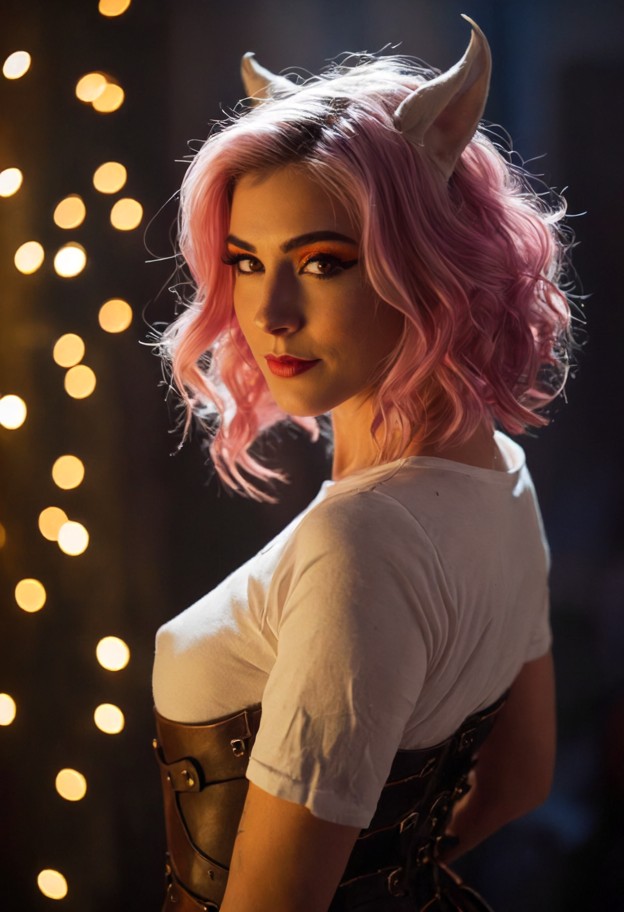 a
 hauntingly beautiful shot in a dimly lit,professional cosplay atelier.
 in the sharp focus of the foreground,a you…