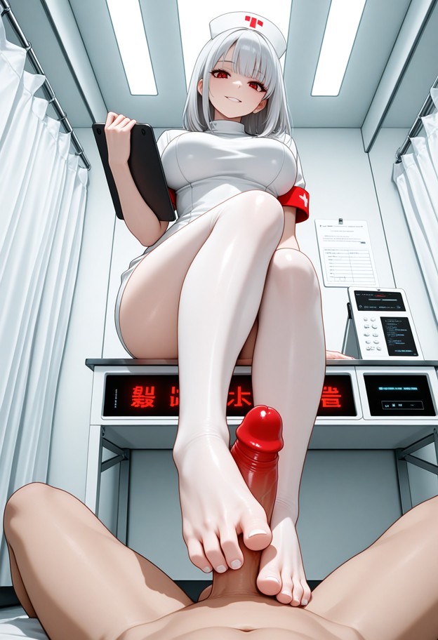on her toes performing footjob,1guy,penis,pov,white nurse uniform,sterile infirmary,white walls,glowing red server ra…
