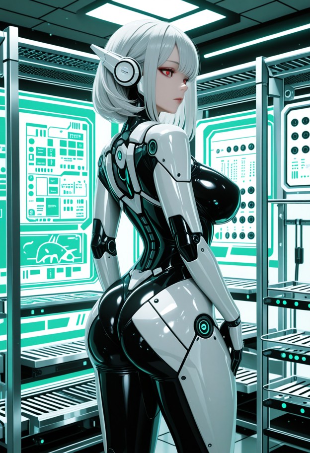 (hyper-realistic white server rack:1.5),(central glowing red robotic eye:1.4),sleek minimalist sci-fi design,(pristin…
