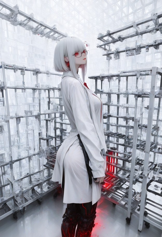 (hyper-realistic white server rack:2.8),(central glowing red robotic eye:1.4),sleek minimalist sci-fi design,(pristin…