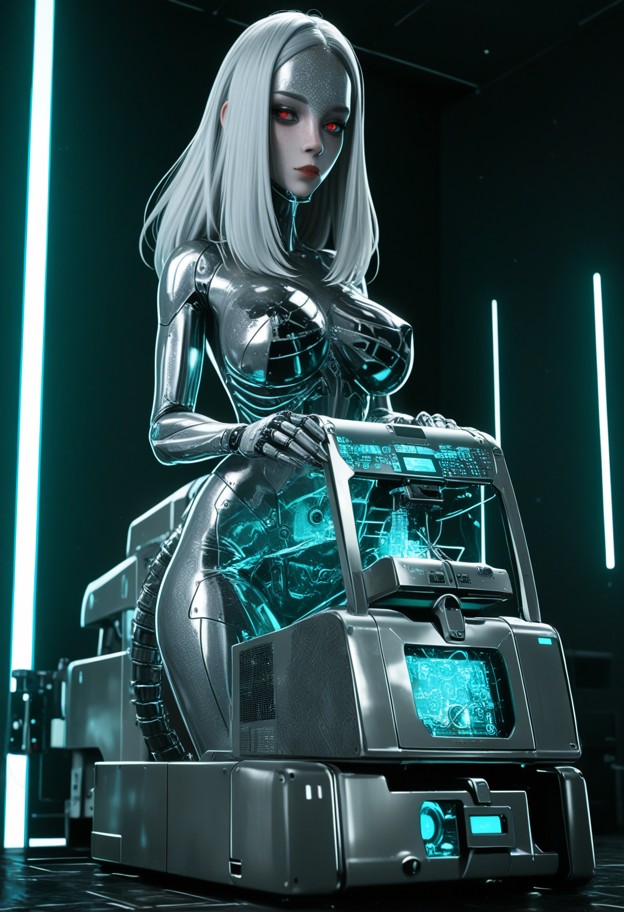 (a futuristic 3d bio-printer:2.8) in a sterile,dark spaceship laboratory,(a translucent female human silhouette being…