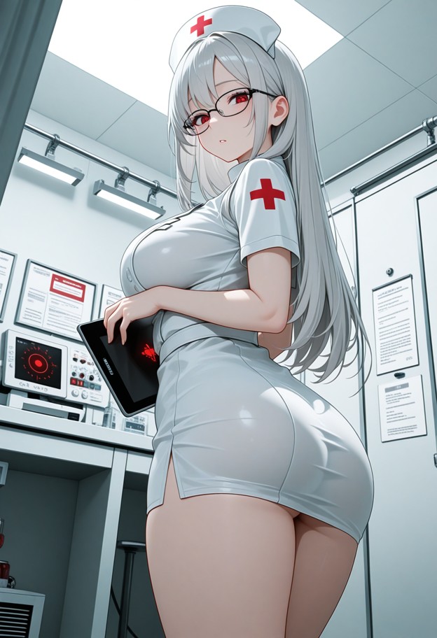 standing,looking down at the viewer,hungry expression,white medical nurse uniform,sterile infirmary,white walls,glowi…