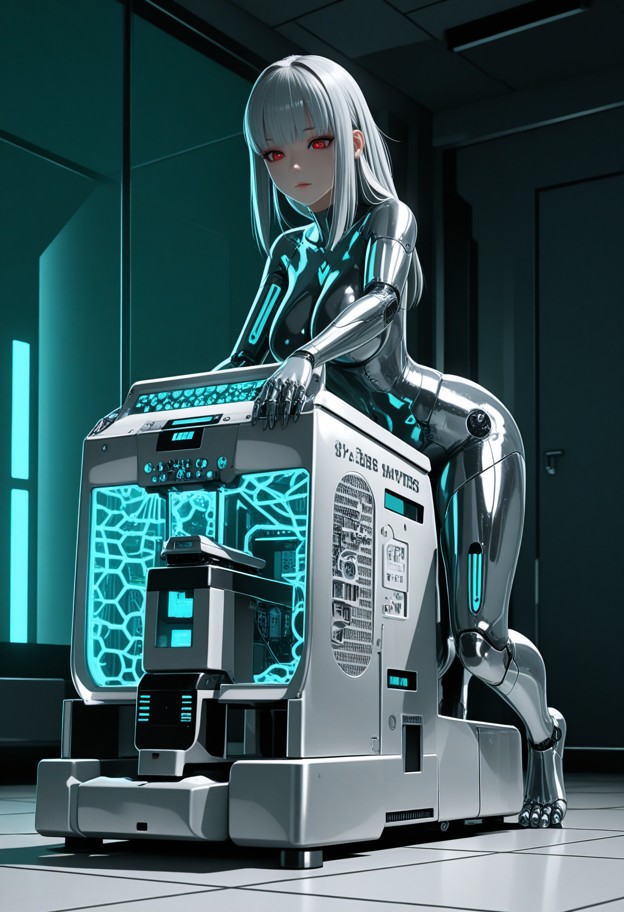 (a futuristic 3d bio-printer:2.8) in a sterile,dark spaceship laboratory,(a translucent female human silhouette being…