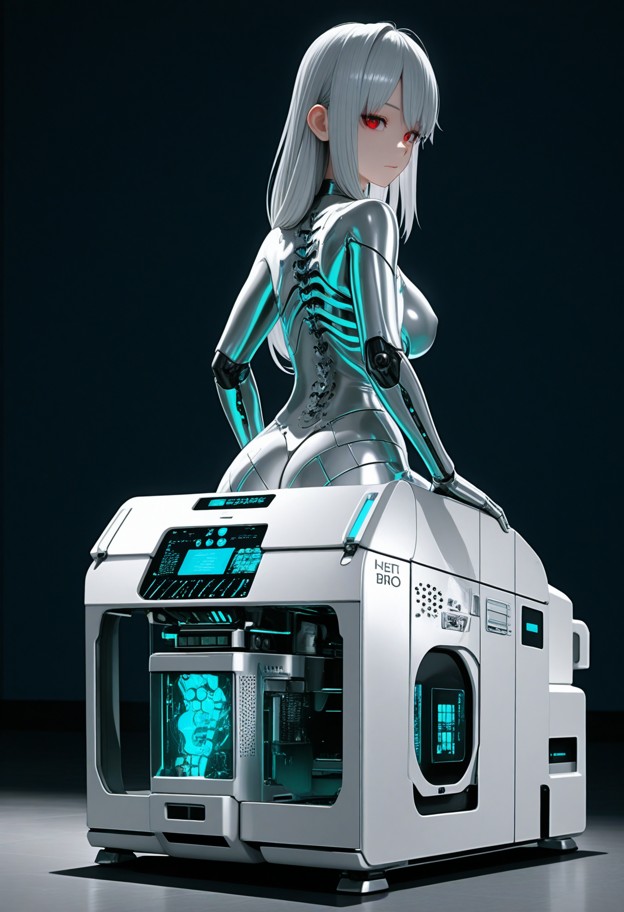 (a futuristic 3d bio-printer:2.8) in a sterile,dark spaceship laboratory,(a translucent female human silhouette being…