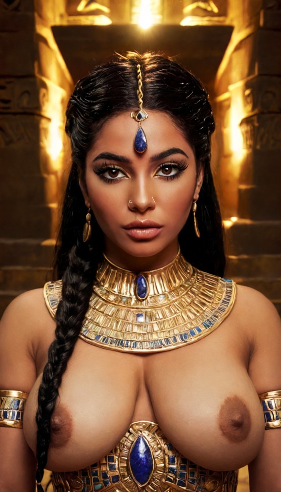 close-up portrait of an egyptian girl with dark hair,golden jewelry,wide curious eyes reflecting golden magic light,t…