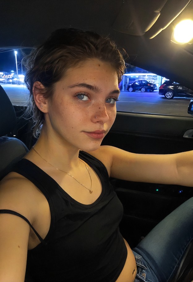 she is is sitting in the passenger seat of a car,black tank top,cargo jeans,interior of car,dashboard lights,street l…