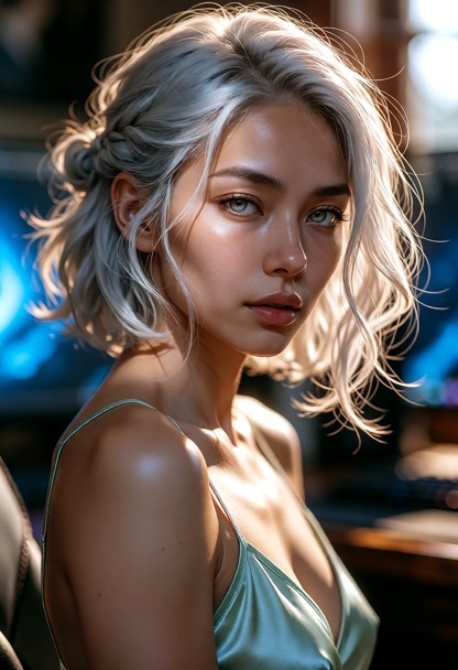 A cinematic, ultra-detailed picture of a striking woman in her late 20s with luminous, cascading hair that catches th…