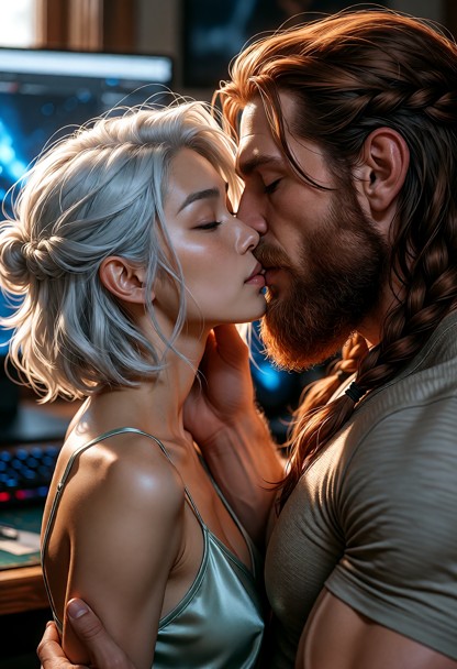 A cinematic, ultra-detailed picture of a striking woman in her late 20s with luminous, cascading hair that catches th…