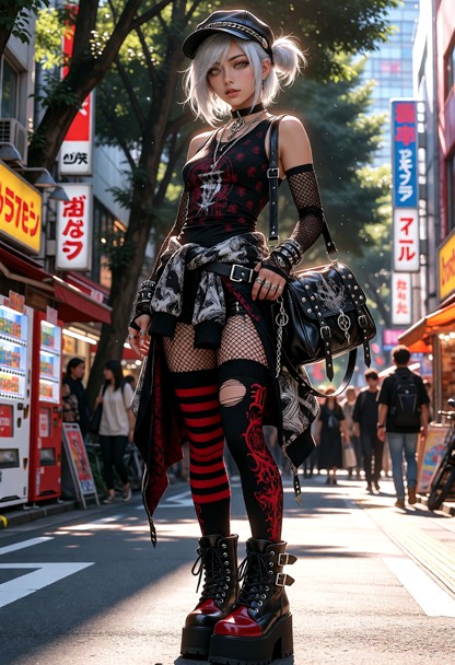 Mio wears striking Japanese punk/visual-kei streetwear ensemble dominated by black, crimson, and silver. She wears a …