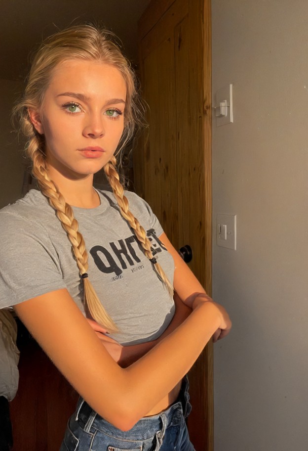she is leans against the wooden doorframe with arms crossed,angry,grey cotton t-shirt,dark denim jeans,dimly lit sist…