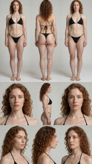 Skin must be clean and flawless: no tattoos, no scars, no marks, no blemishes. Wearing a minimal bikini black, perfec…