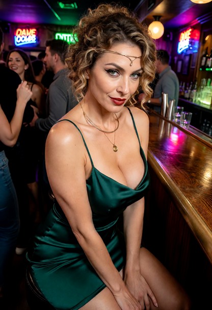 Location: a lively local bar filled with the movement of dancing crowds, dim ambient lighting, and the glow of neon s…