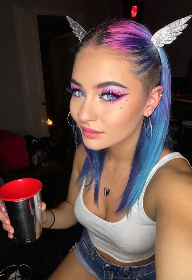 she is is holding a red cup to her lips and smiling,white tank top,denim shorts,crowded frat house,dark room,strobe l…