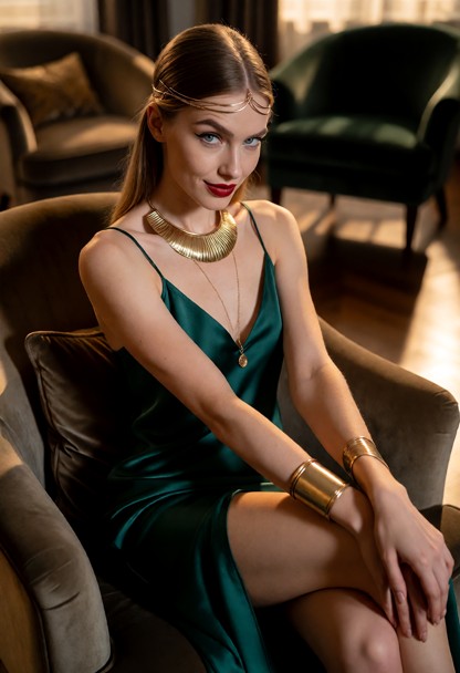 Location: late evening in a dimly lit, elegant living room with plush velvet armchairs and soft, warm ambient light c…