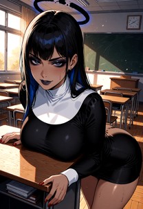 Sister Oragana leans forward over the teacher's desk. She maintains a steady, knowing smirk while looking at the view…