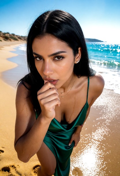 Location: sunny and bright beach at midday with golden sand stretching toward sparkling turquoise waves under a clear…