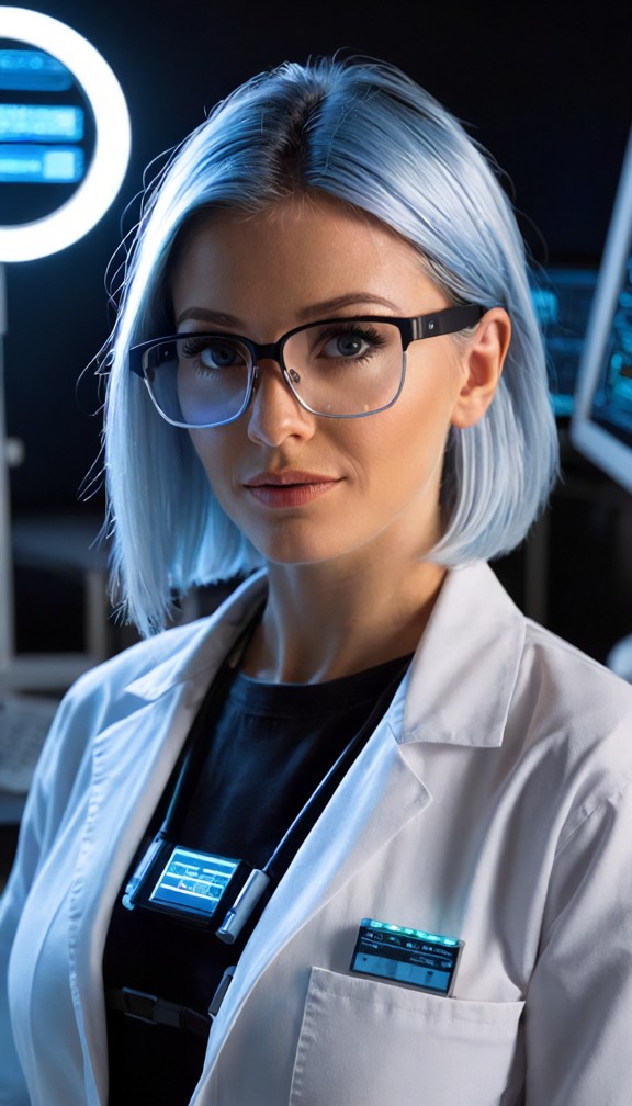 portrait of a weather scientist with short silver-blue hair,smart glasses displaying weather data reflected in her ey…