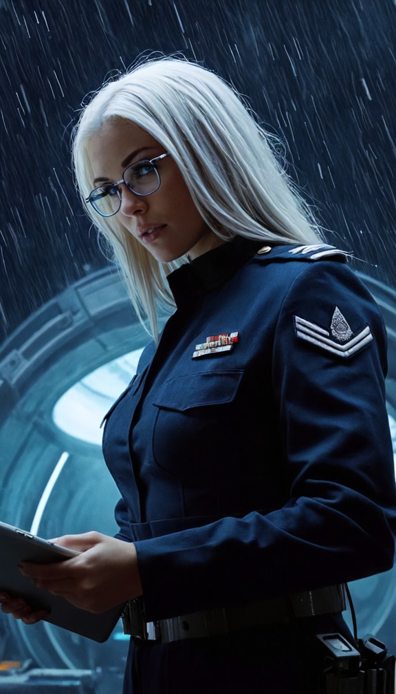 mira reviewing data on a tablet inside a rain-soaked observation dome,soft ambient blue lighting,fitted navy uniform,…