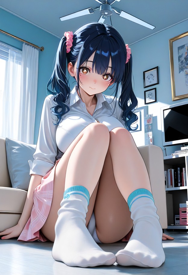 1girl,sitting on sofa with pink plaid skirt hiked up revealing white panties,wearing blue and white striped socks and…